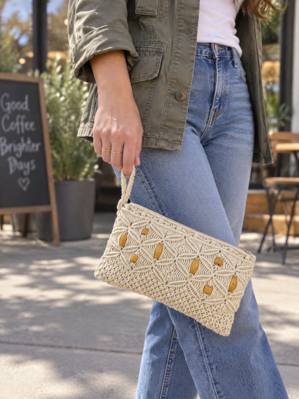 Vintage Macrame Clutch Purse Womens Cream Beige Boho Wooden Bead Wristlet Pouch